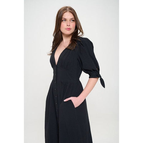 Plus 3/4 Puff Slv Textured Button Down Midi Dress