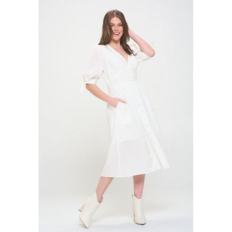 Plus 3/4 Puff Slv Textured Button Down Midi Dress