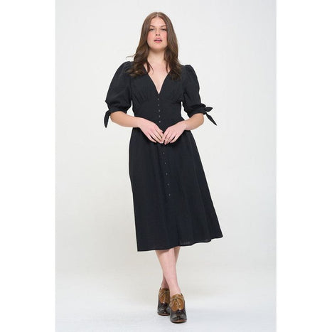 Plus 3/4 Puff Slv Textured Button Down Midi Dress