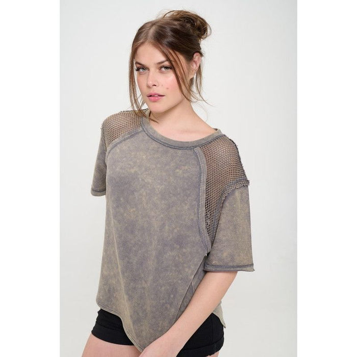 Mineral Washed Short Sleeve Fishnet Shoulder Top