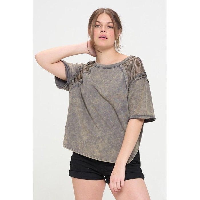 Mineral Washed Short Sleeve Fishnet Shoulder Top