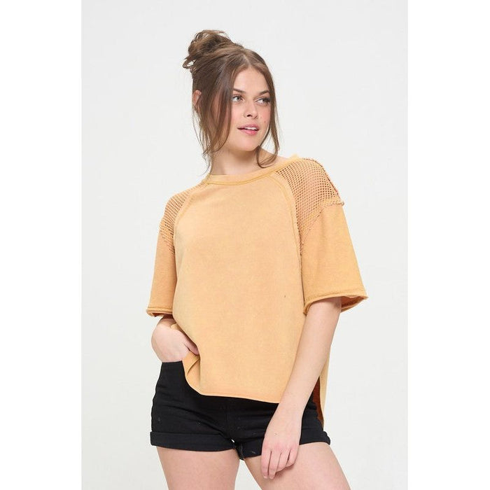 Mineral Washed Short Sleeve Fishnet Shoulder Top