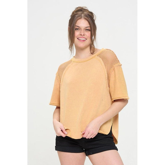 Mineral Washed Short Sleeve Fishnet Shoulder Top