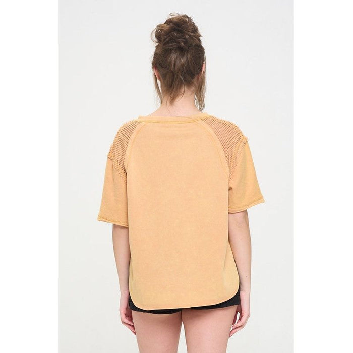 Mineral Washed Short Sleeve Fishnet Shoulder Top