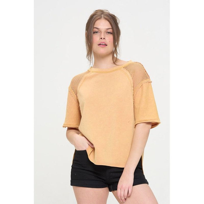 Mineral Washed Short Sleeve Fishnet Shoulder Top