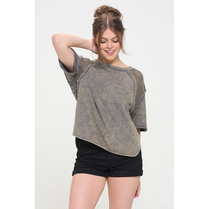 Mineral Washed Short Sleeve Fishnet Shoulder Top