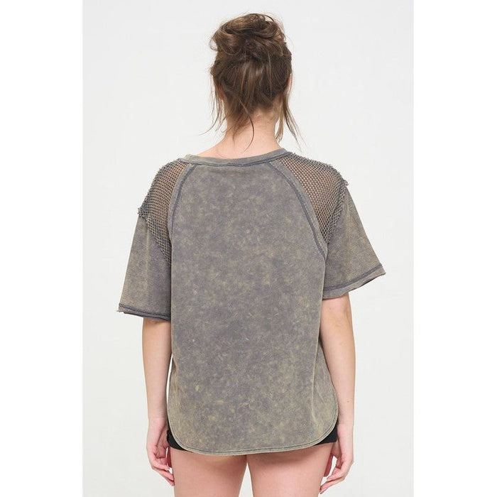 Mineral Washed Short Sleeve Fishnet Shoulder Top