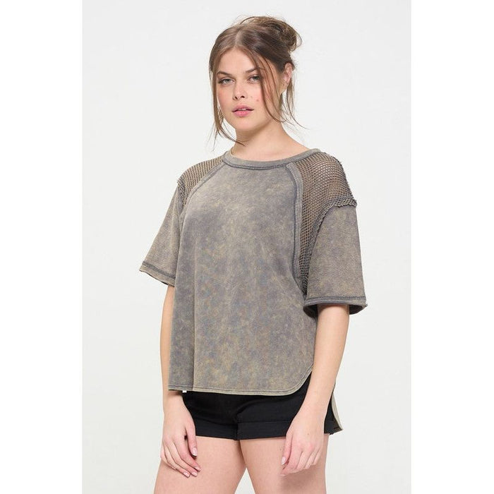 Mineral Washed Short Sleeve Fishnet Shoulder Top