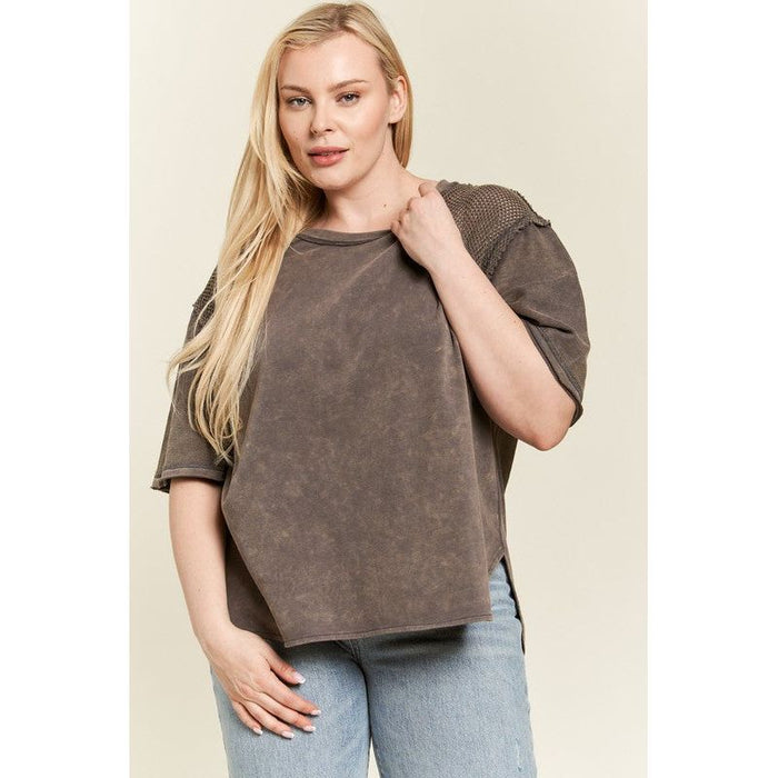 Plus Mineral Washed Short Sleeve Fishnet Top