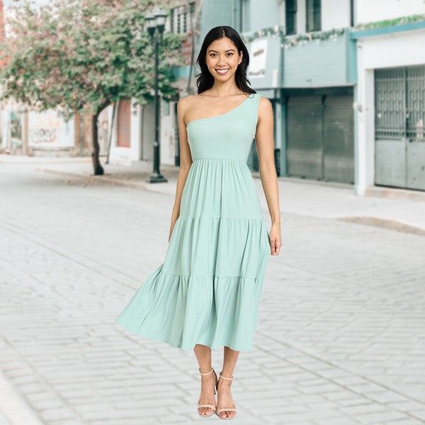 One Shoulder Ruffle Midi Dress