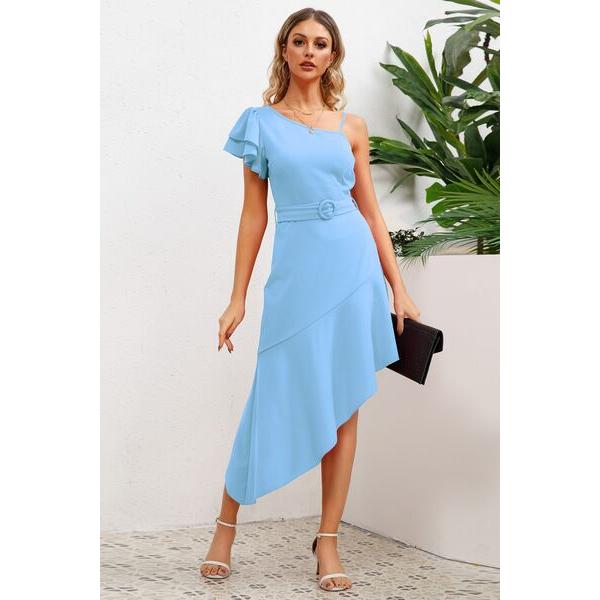 Ruffled Asymmetrical Neck Flutter Sleeve Dress