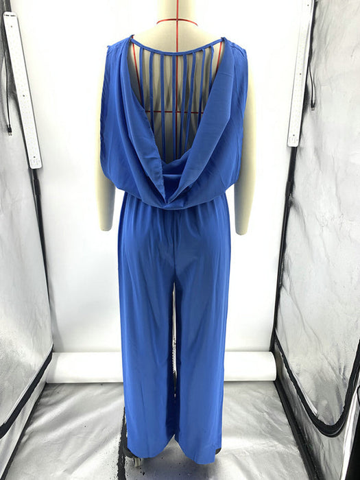 High Waisted Sleeveless Backless Elasticity Pleated Solid Color Split-Joint Jumpsuits by migunica