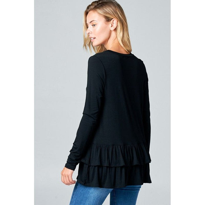 RUFFLE BOTTOM LONG SLEEVE ROUND NECK TUNIC TOP