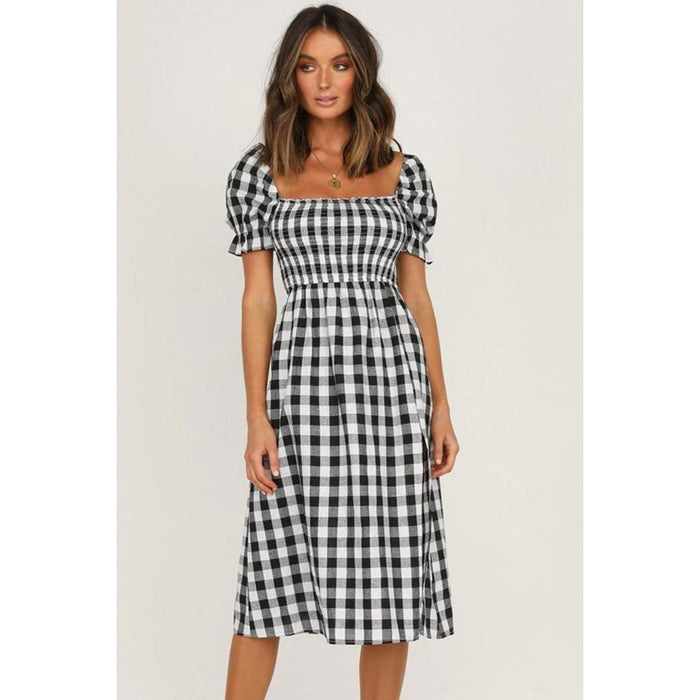 Full Size Slit Plaid Short Sleeve Midi Dress