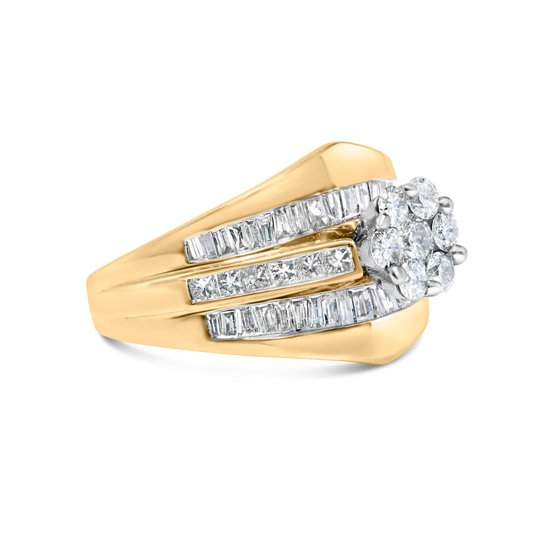 Bids.com 14K Yellow Gold 2-1/3 Cttw Diamond Cluster Channel Set Chevron Shaped Engagement Ring (H-I Color, SI1-SI2 Clarity) - Ring Size 7 Rings