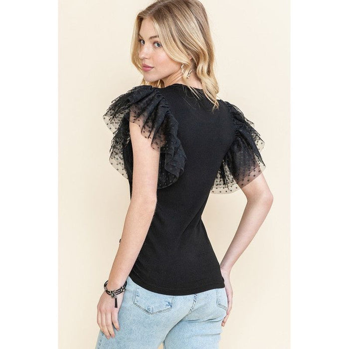 Ribbed ruffle dot lace tulle mesh sleeve top