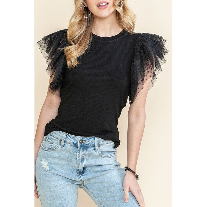 Ribbed ruffle dot lace tulle mesh sleeve top