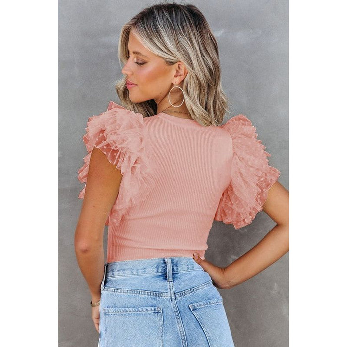 Ribbed ruffle dot lace tulle mesh sleeve top