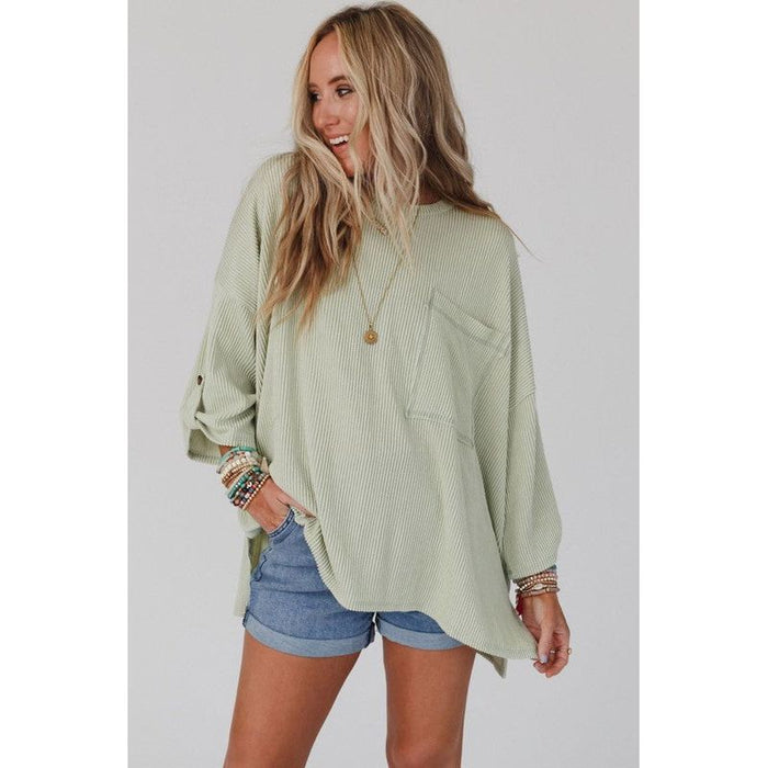 Ribbed tab sleeve oversize pocket top