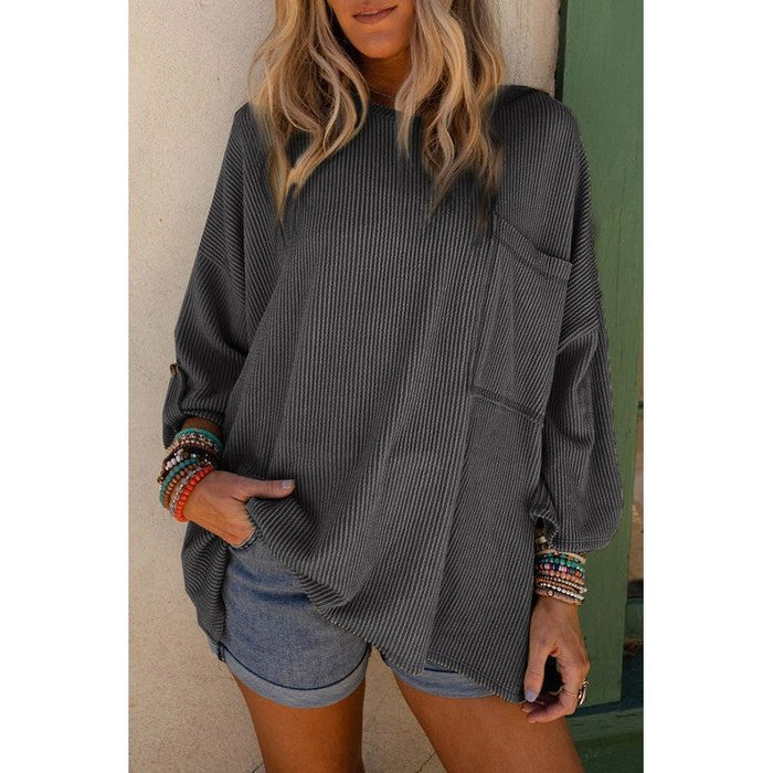 Ribbed tab sleeve oversize pocket top