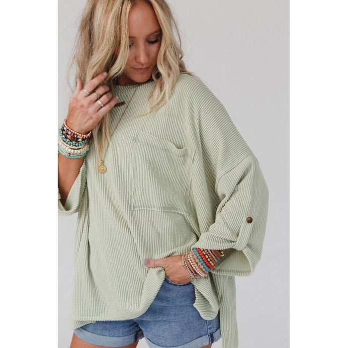 Ribbed tab sleeve oversize pocket top