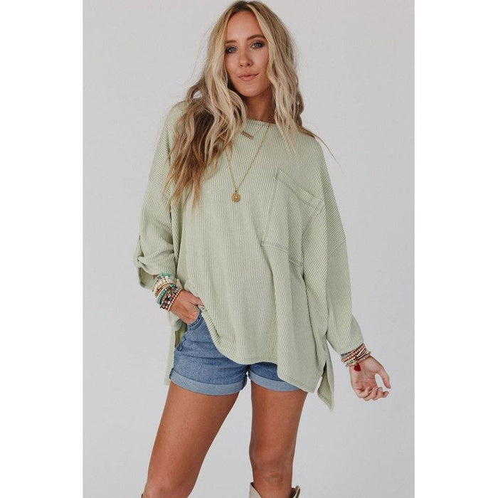 Ribbed tab sleeve oversize pocket top