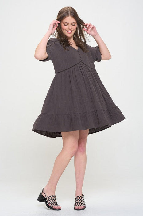 Plus Size Short Slv Button Down V-Neck Short Dress