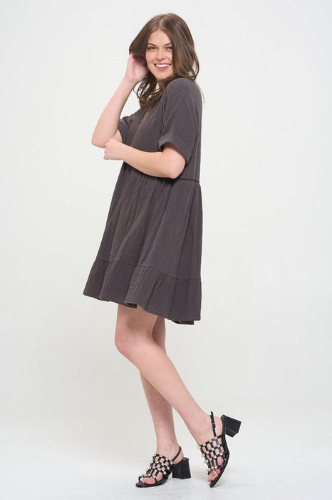 Plus Size Short Slv Button Down V-Neck Short Dress