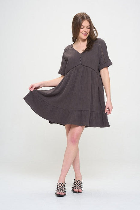 Plus Size Short Slv Button Down V-Neck Short Dress