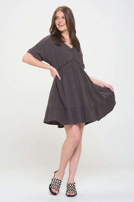 Plus Size Short Slv Button Down V-Neck Short Dress