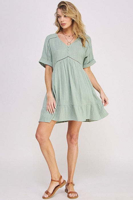 Plus Size Short Slv Button Down V-Neck Short Dress