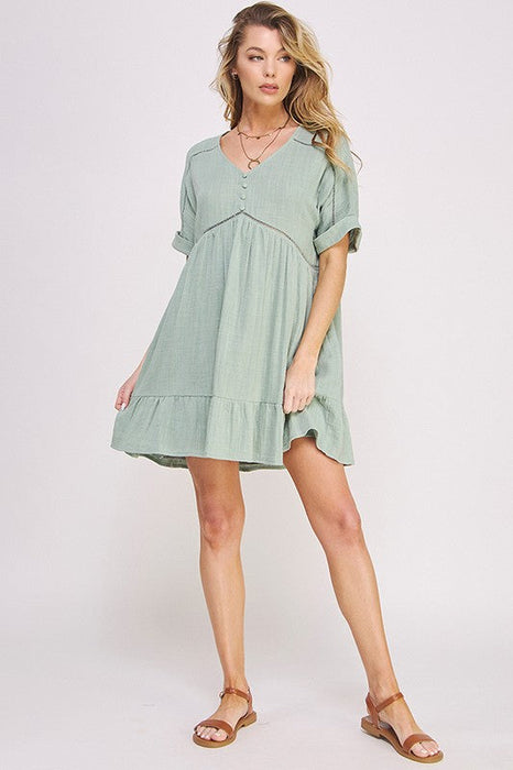 Plus Size Short Slv Button Down V-Neck Short Dress