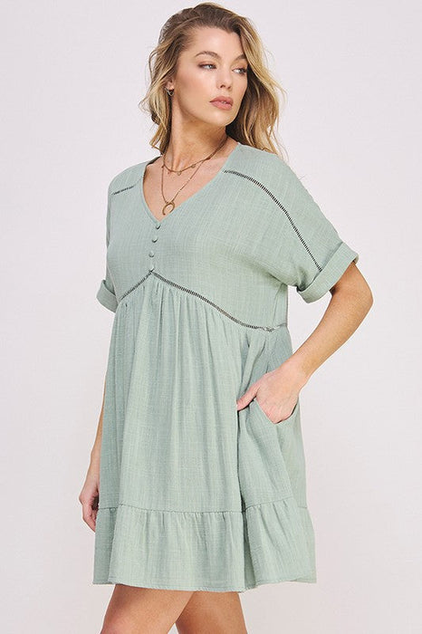 Plus Size Short Slv Button Down V-Neck Short Dress