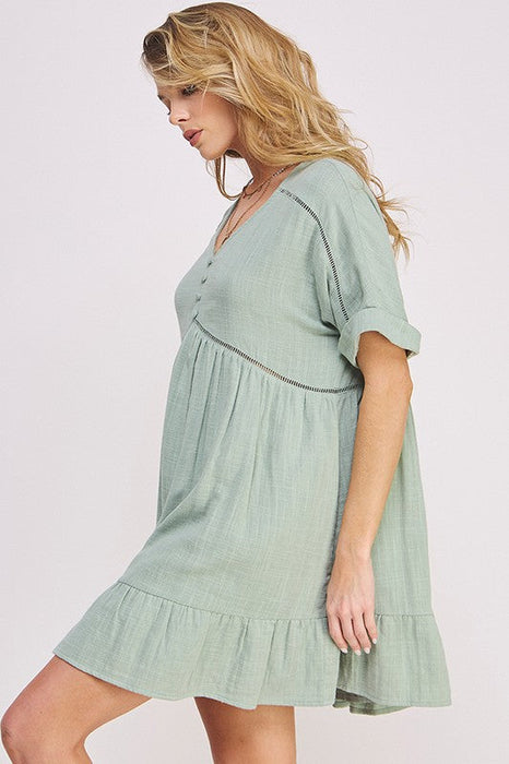 Plus Size Short Slv Button Down V-Neck Short Dress