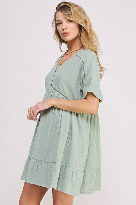 Plus Size Short Slv Button Down V-Neck Short Dress