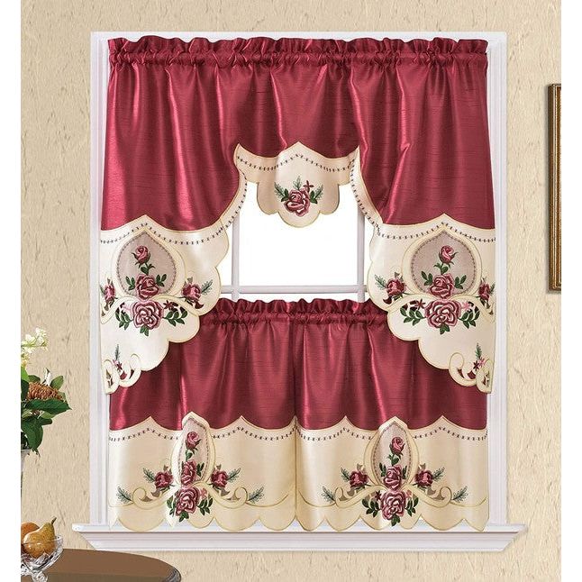 Burgundy Rose Embroidery Kitchen Curtain 3PC Set