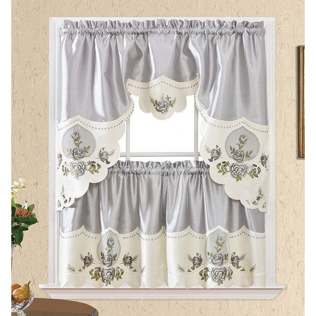 Grey Rose Embroidery Kitchen Curtain 3PC Set