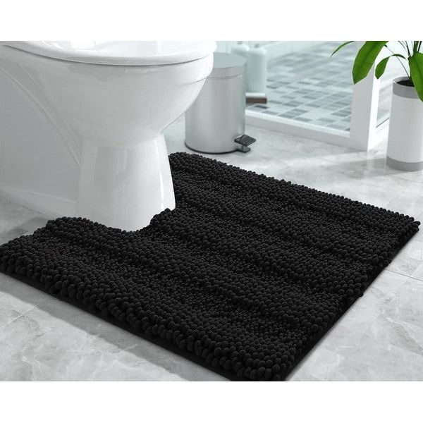 2PC Black Soft Cozy Plush Chenille Bath Mat Set