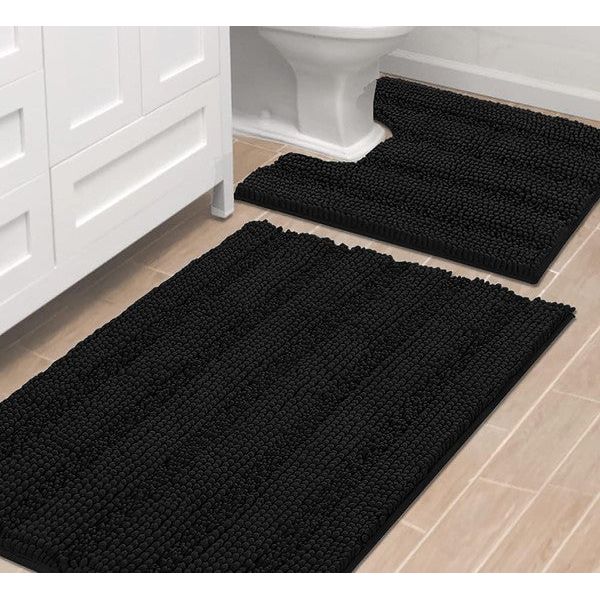 2PC Black Soft Cozy Plush Chenille Bath Mat Set