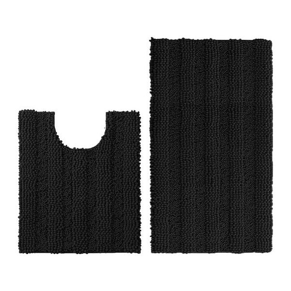 2PC Black Soft Cozy Plush Chenille Bath Mat Set