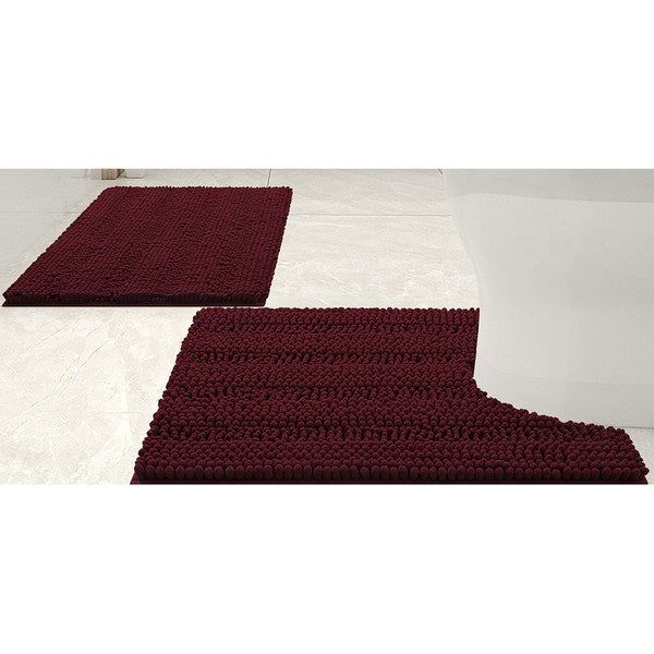 2PC Burgundy Soft Cozy Plush Chenille Bath Mat Set