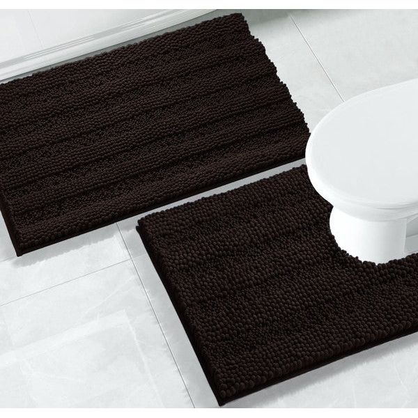 2PC Coffee Soft Cozy Plush Chenille Bath Mat Set