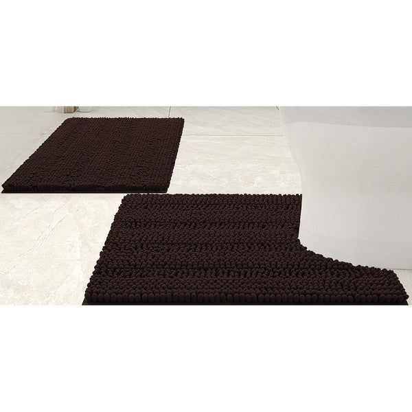 2PC Coffee Soft Cozy Plush Chenille Bath Mat Set