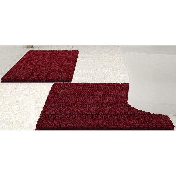 2PC Red Soft Cozy Plush Chenille Bath Mat Set