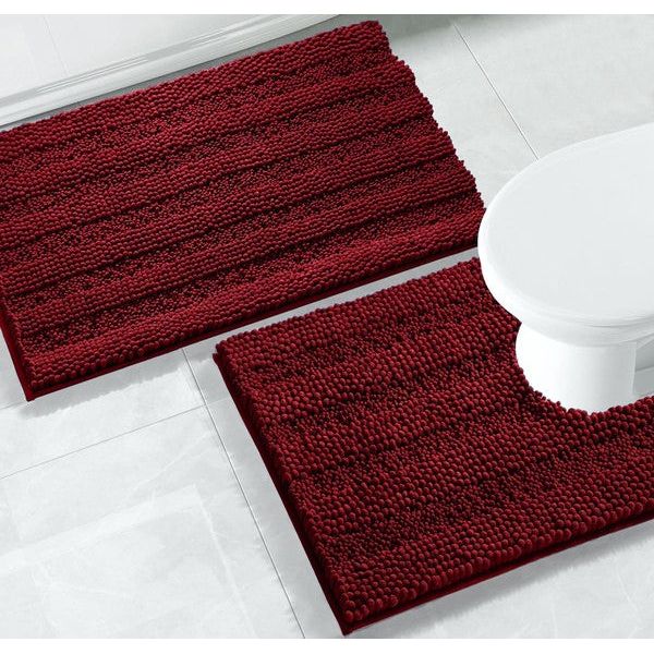 2PC Red Soft Cozy Plush Chenille Bath Mat Set