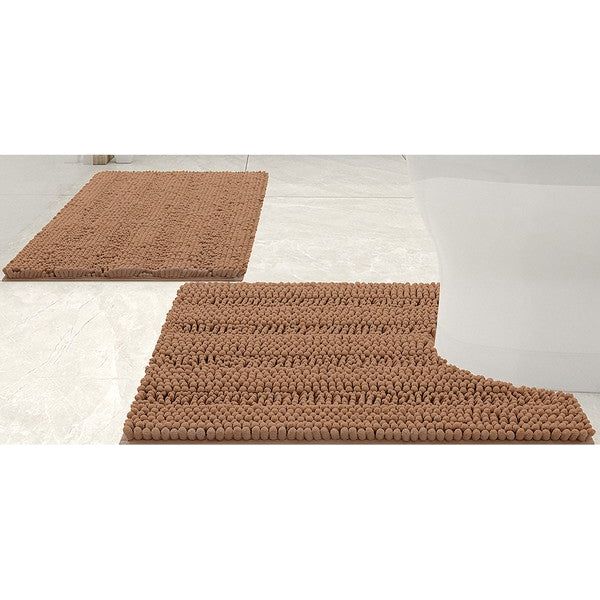 2PC Taupe Soft Cozy Plush Chenille Bath Mat Set