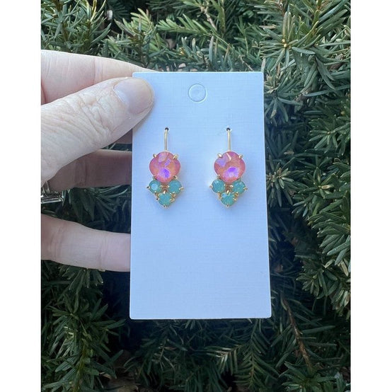 Pink Green Crystal Gem Earrings