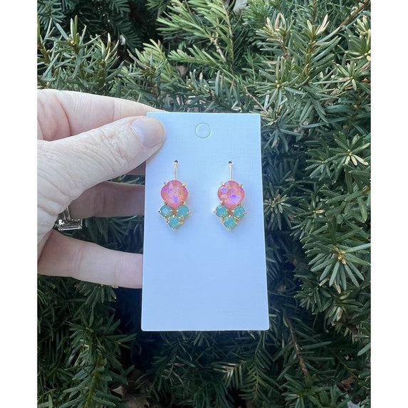 Pink Green Crystal Gem Earrings