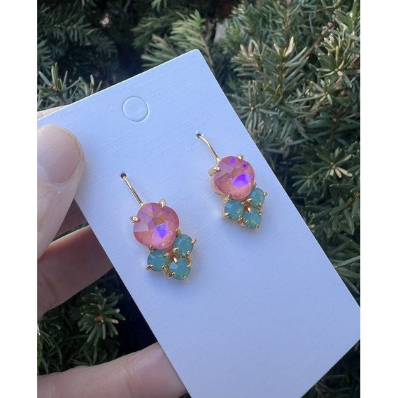 Pink Green Crystal Gem Earrings