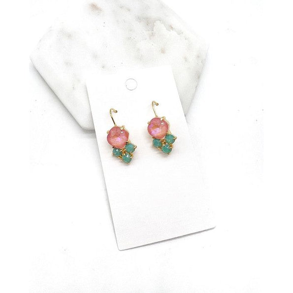 Pink Green Crystal Gem Earrings